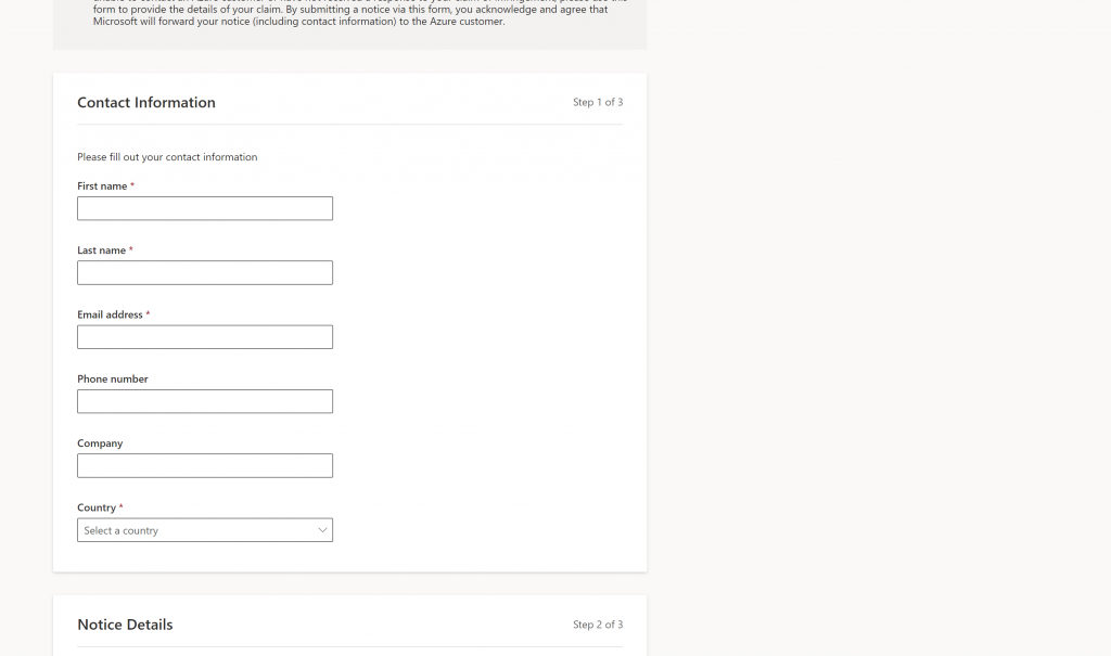 Contact information of the reporter, with fields for first name, last name, email address, phone number, company and country.