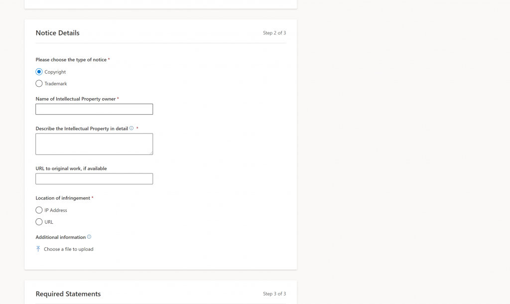 Notice Details section (at rest) with fields for the type of notice, name of IP owner, description of IP, URL to original work, whether the infringement was carried out via IP Address or URL, and a file attachment