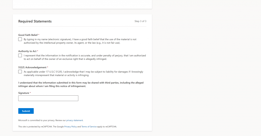 Required statements section for the reporter to acknowledge the required legal statements, provide a digital signature, and finally submit their notice.