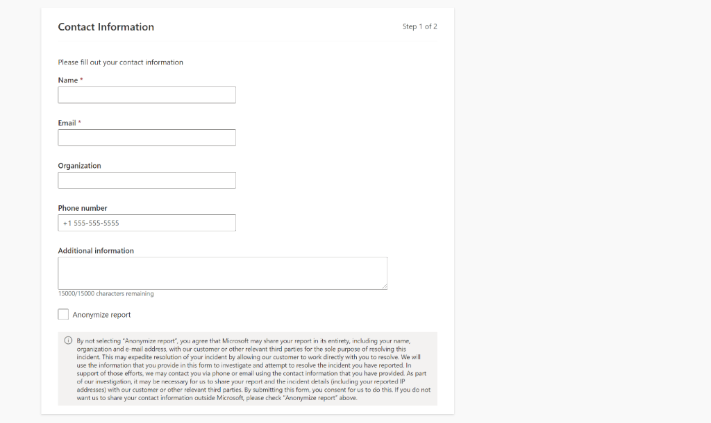 The Contact Information section of the report.