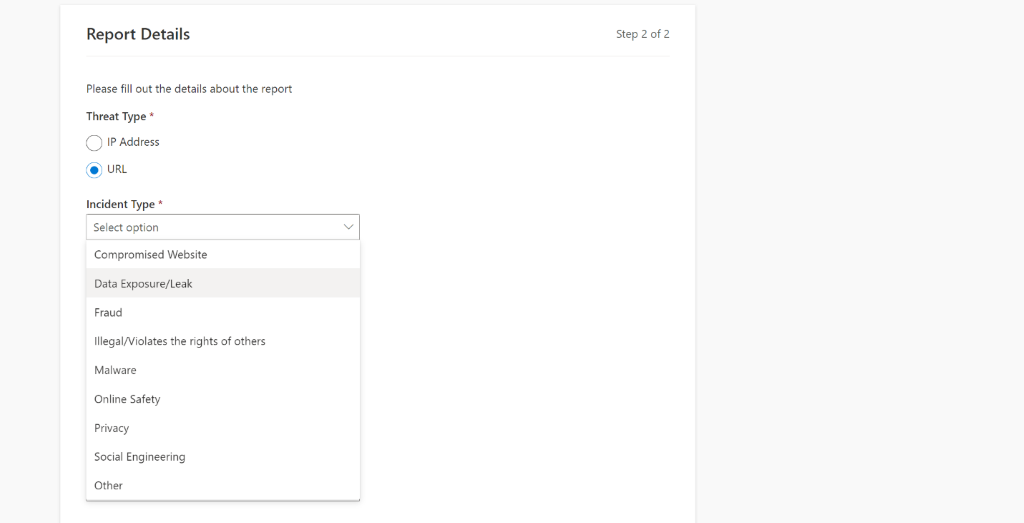 A dropdown within the &ldquo;Report Details&rdquo; section showing the available URL Incident Types.