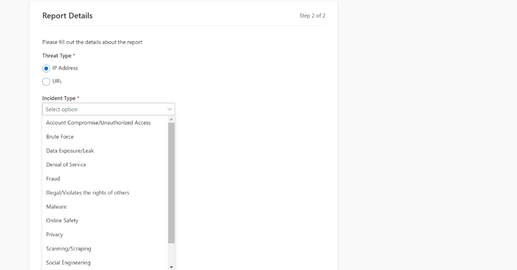 A dropdown within the &ldquo;Report Details&rdquo; section showing the available IP Address Incident Types.