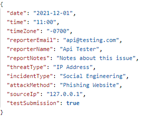 An API example resulting in an unsuccessful response due to an invalid value.