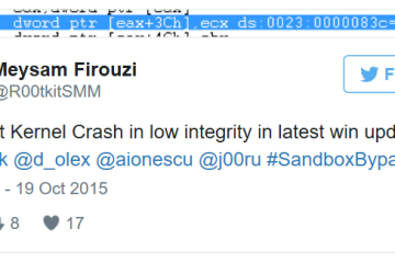 On Oct 19, 2015, @R00tkitSMM tweeted https://twitter.com/R00tkitSMM/status/656214430464786432 about finding a kernel crash that could be triggered from a sandboxed process on Windows.