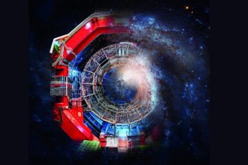 An artist's concept of the ALICE experiment and the Milky Way.